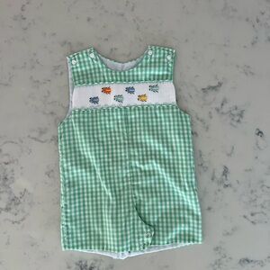 Green Gingham Baby Romper with Smocked Bugs